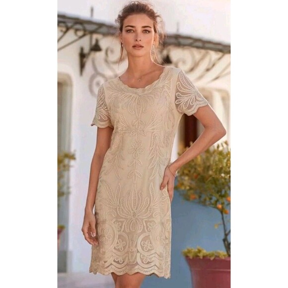 Sundance Crochet Lace Applique Sheath Dress Size M Beyond Compare Taupe Lined - Picture 1 of 10